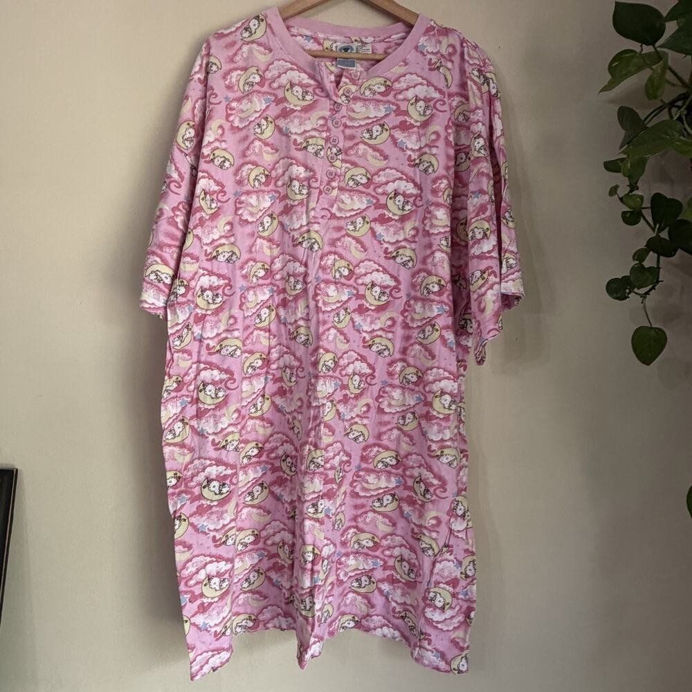Vintage World’s Biggest Sleep Shirt Pink Sheep Moon Nightgown One Size Cotton